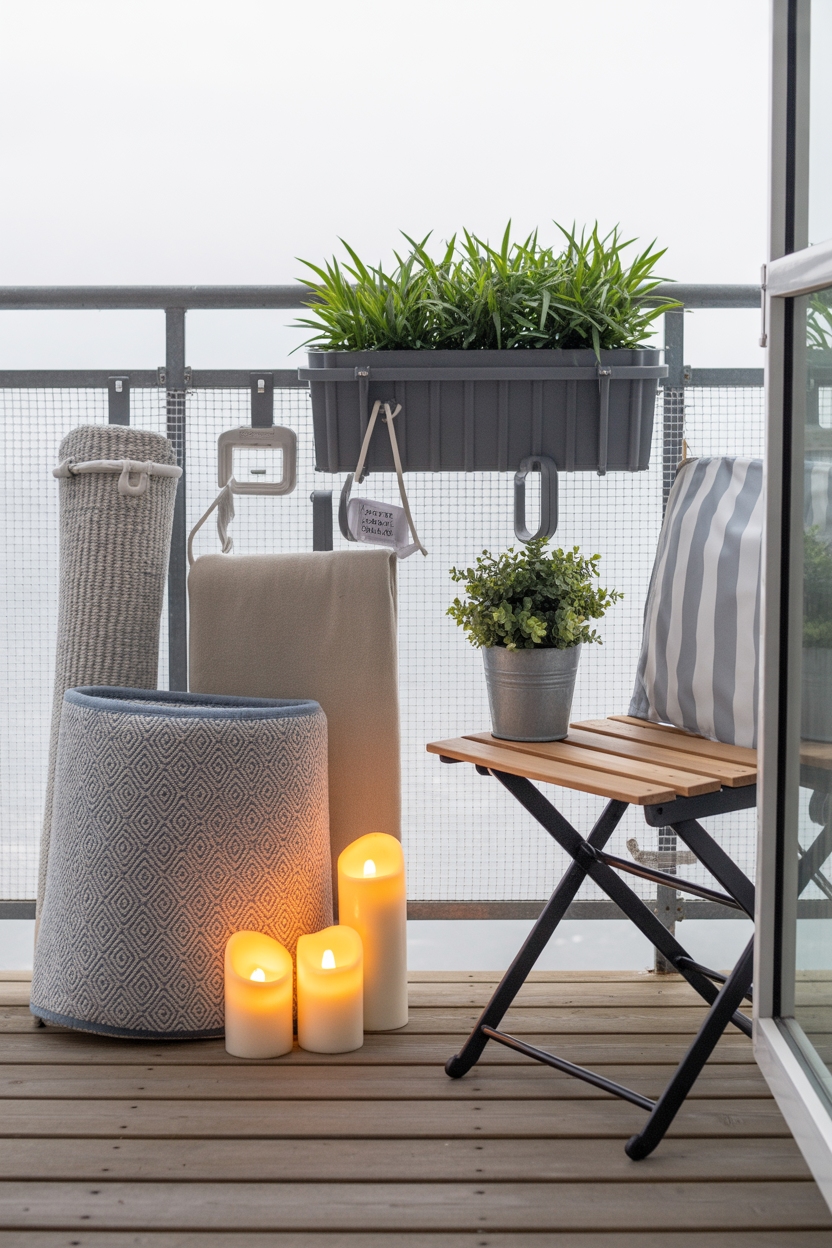 Renter-friendly summer balcony decor essentials, including command hooks, railing, planters, and outdoor rug