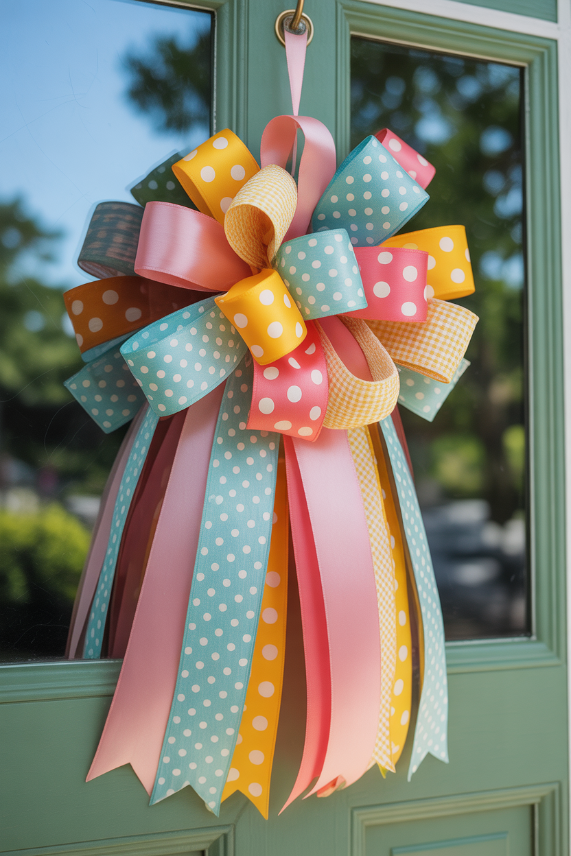 Summer door hanger ideas, colorful ribbon, DIY front door decor