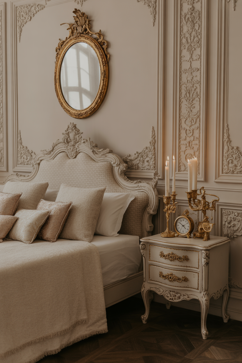 Rococo bedroom with antique decorative accessories and warm ambiance
