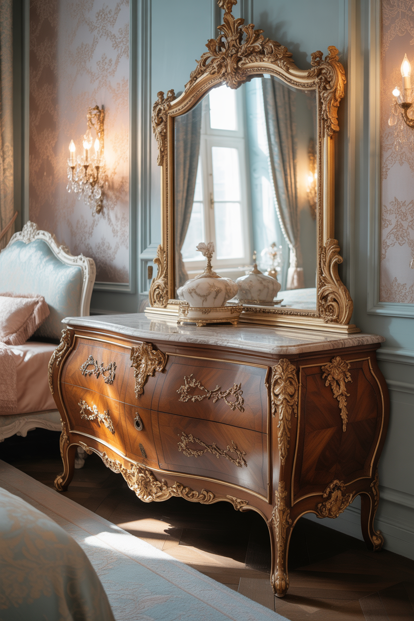 rococo bedroom with antique carved furniture and soft decor