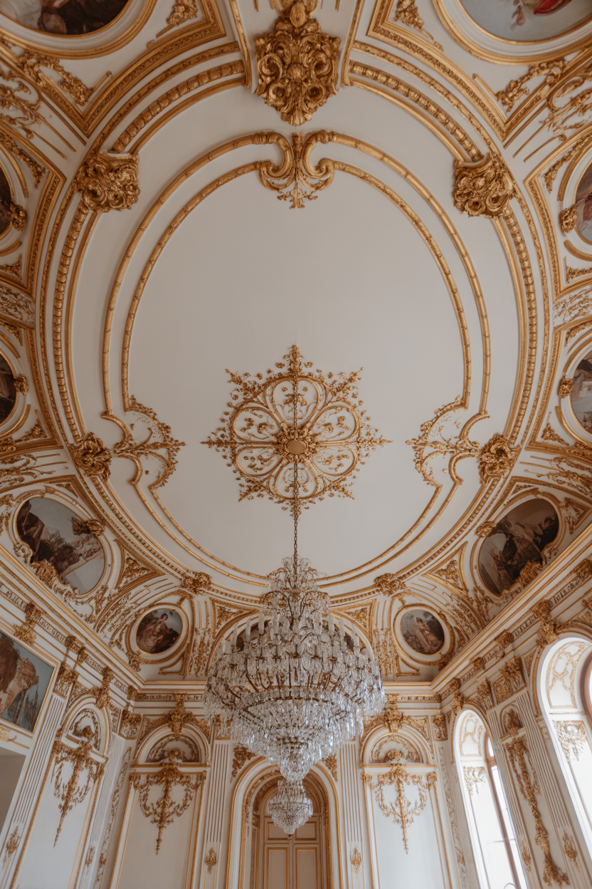 Rococo bedroom with decorative ceiling and elegant chandelier
