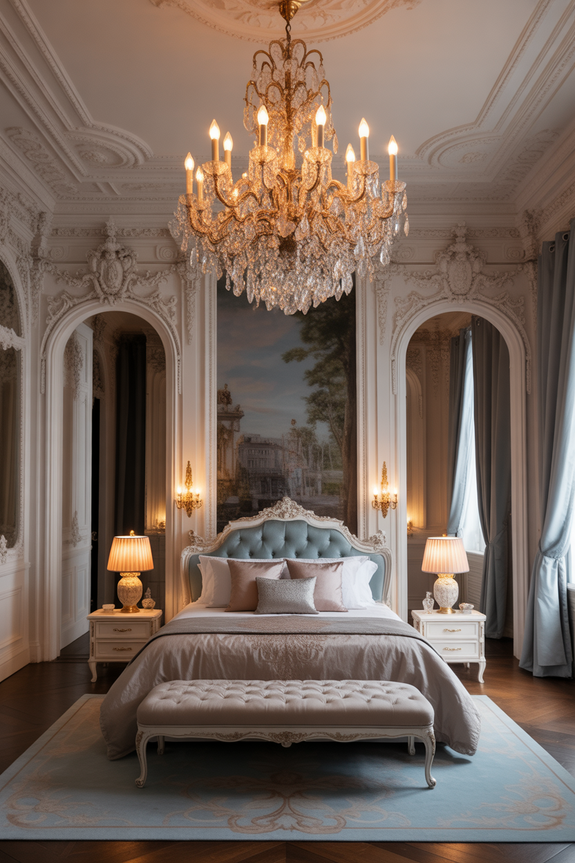 Rococo bedroom with crystal chandelier and warm, elegant lighting
