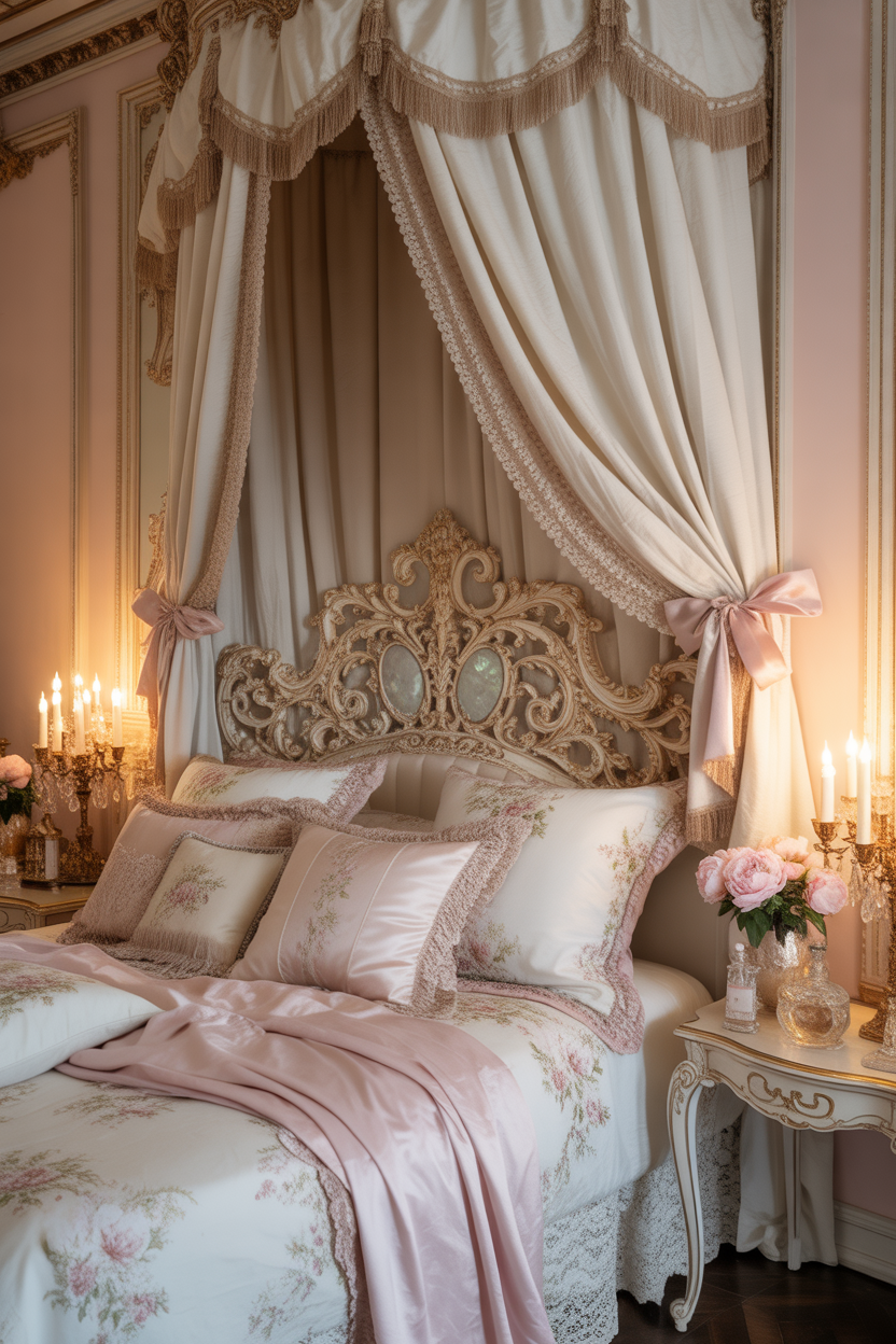 Rococo bedroom with feminine, soft decor and romantic styling