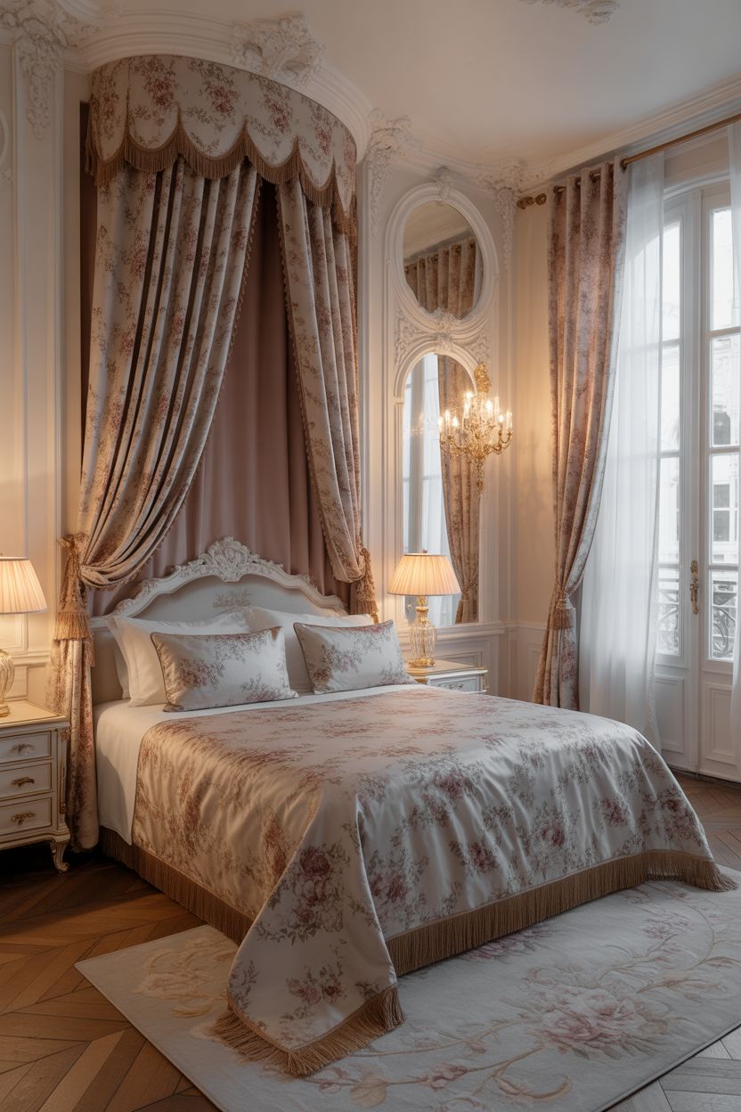 Rococo bedroom with elegant floral patterns and soft decor