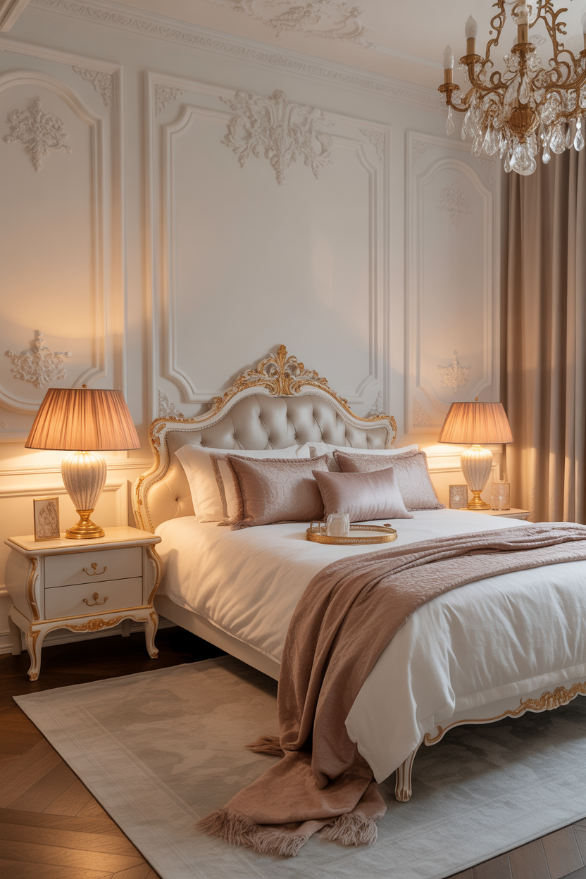 Rococo bedroom with elegant gold accent decor and soft lighting