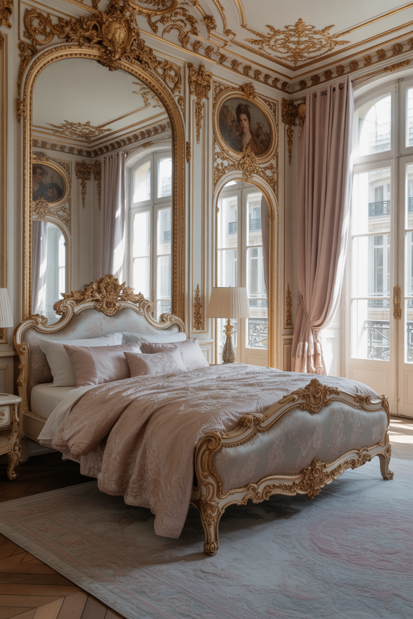 Luxury Rococo bedroom with ornate gold bed frame and soft pastel decor