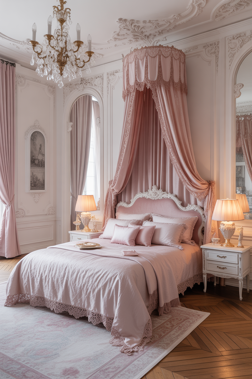 Rococo bedroom with layered bedding and soft luxury textures