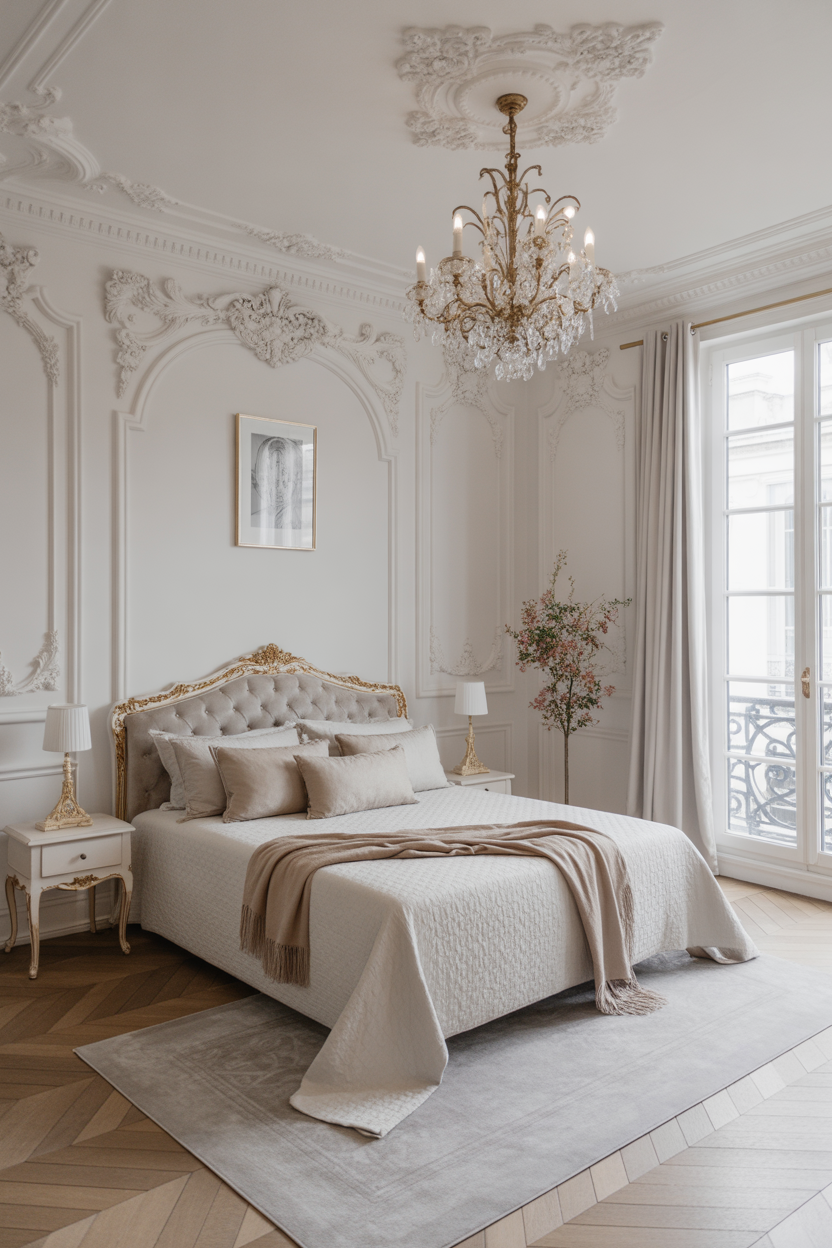 Minimal rococo bedroom with soft, elegant, and clean design