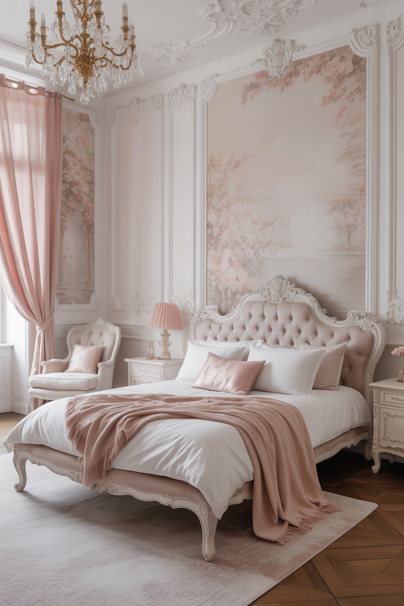 Soft pastel rococo bedroom in blush pink and cream tones