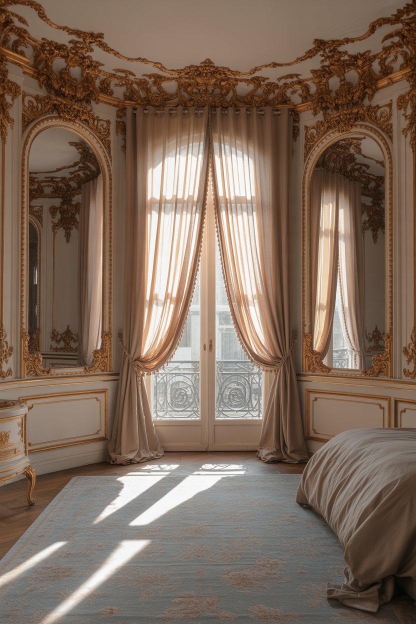 Rococo bedroom with flowing sheer curtains and soft natural light