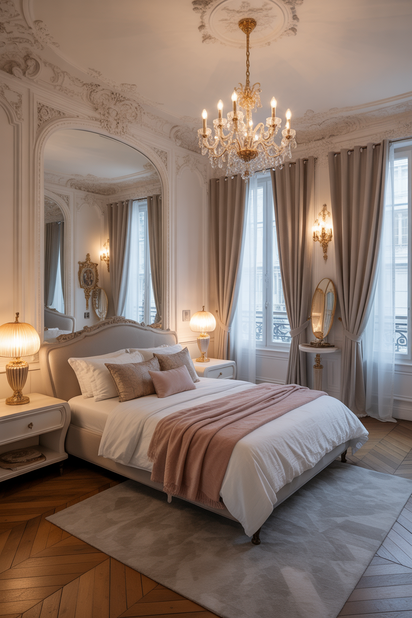 Small rococo bedroom with elegant space-saving luxury design