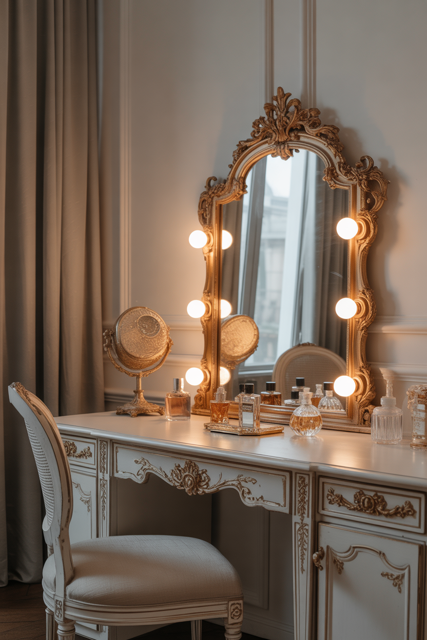 Rococo bedroom vanity table with elegant mirror and soft lighting