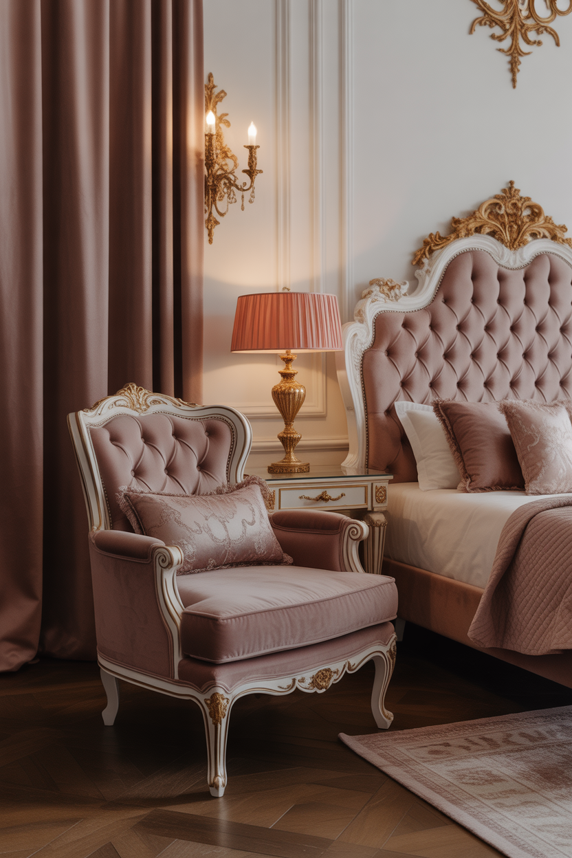 Rococo bedroom with velvet upholstered furniture and elegant decor