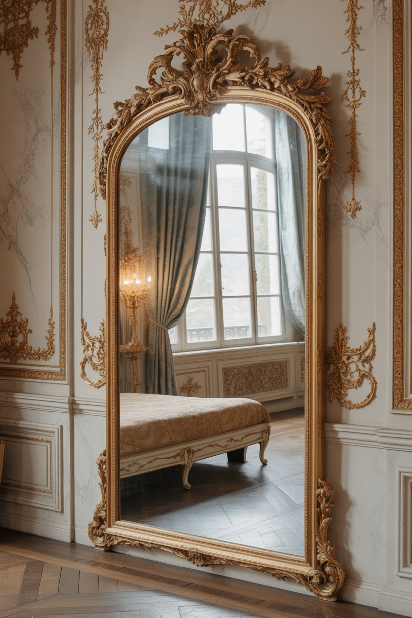Rococo bedroom with vintage ornate gold mirror and elegant decor