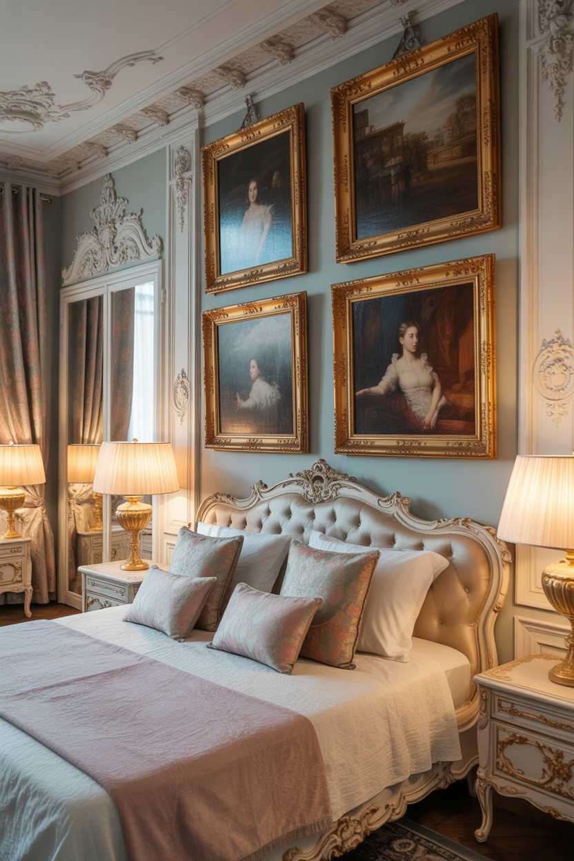 Rococo bedroom with vintage wall art and gold-framed paintings