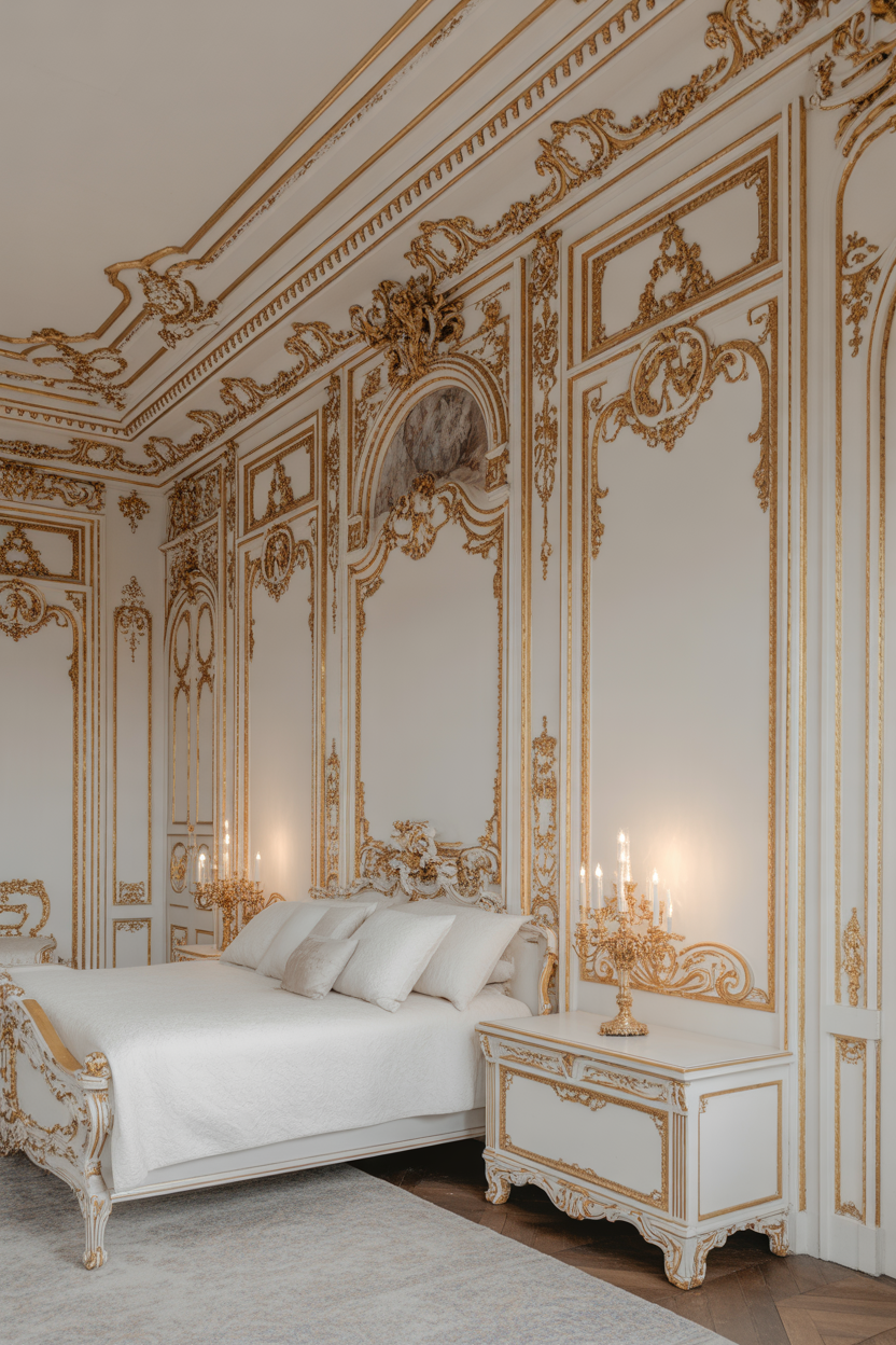 Rococo bedroom with decorative wall molding and elegant walls