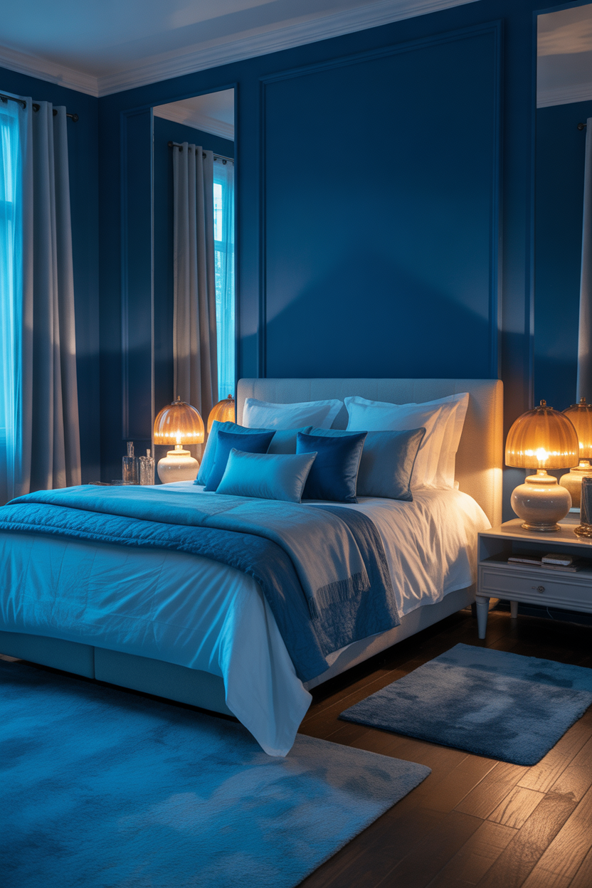 Ultra HD layered blue guest bedroom with multiple shades of blue, plush rugs, cozy throws, metallic accents, and romantic, inviting aesthetic