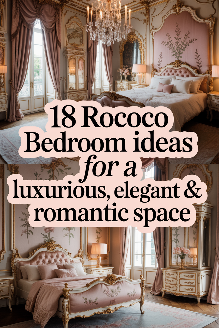 Soft elegant Rococo bedroom with pastel tones, gold accents, chandelier lighting and luxurious romantic decor