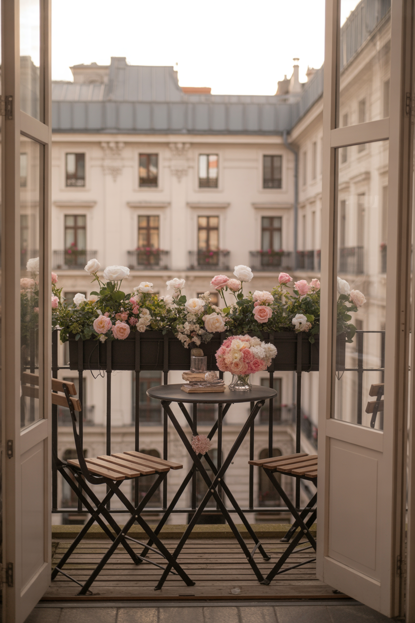 Romantic rose filled balcony with soft elegant European spring decor