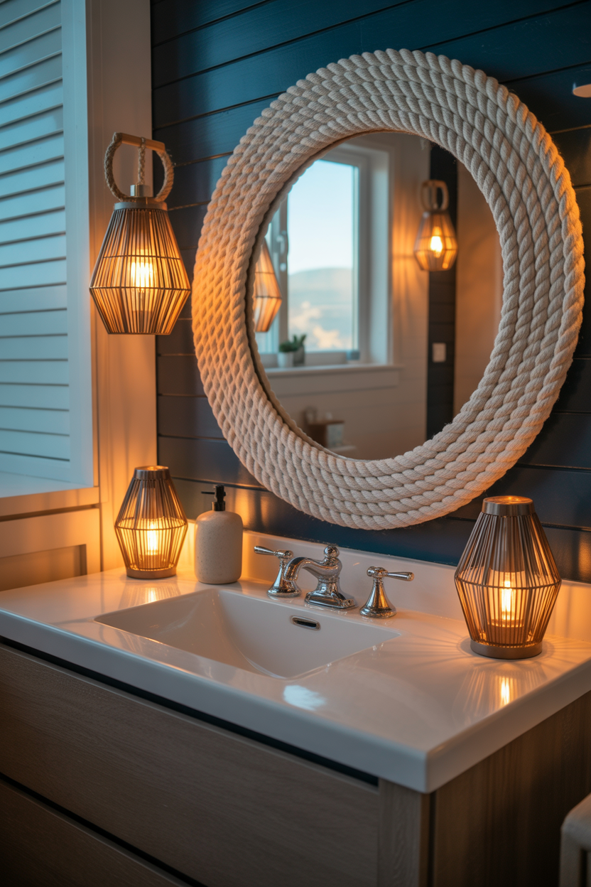 round rope coastal bathroom mirror ideas with cozy lighting