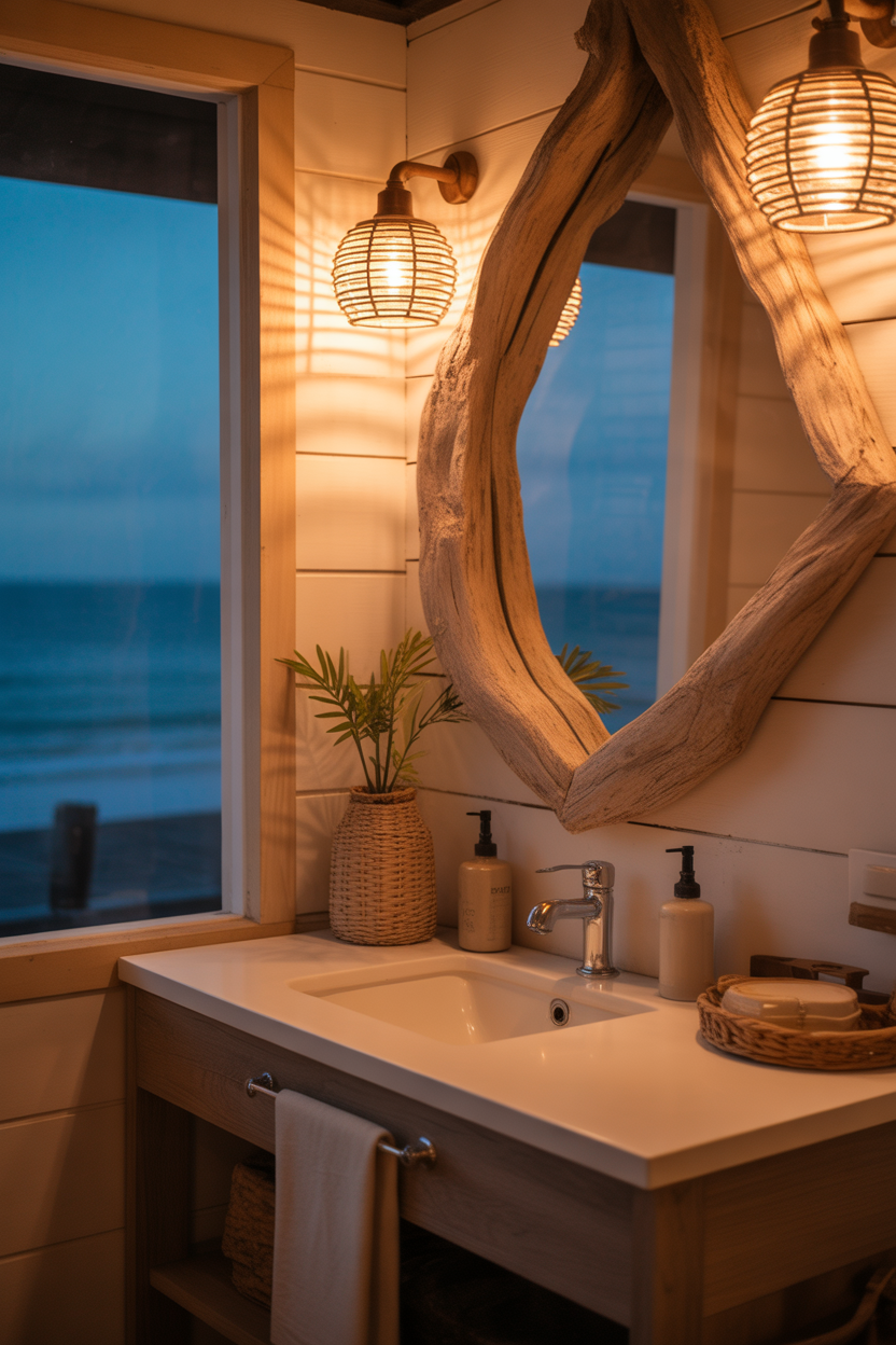 rustic wood coastal bathroom mirror ideas with cozy lighting