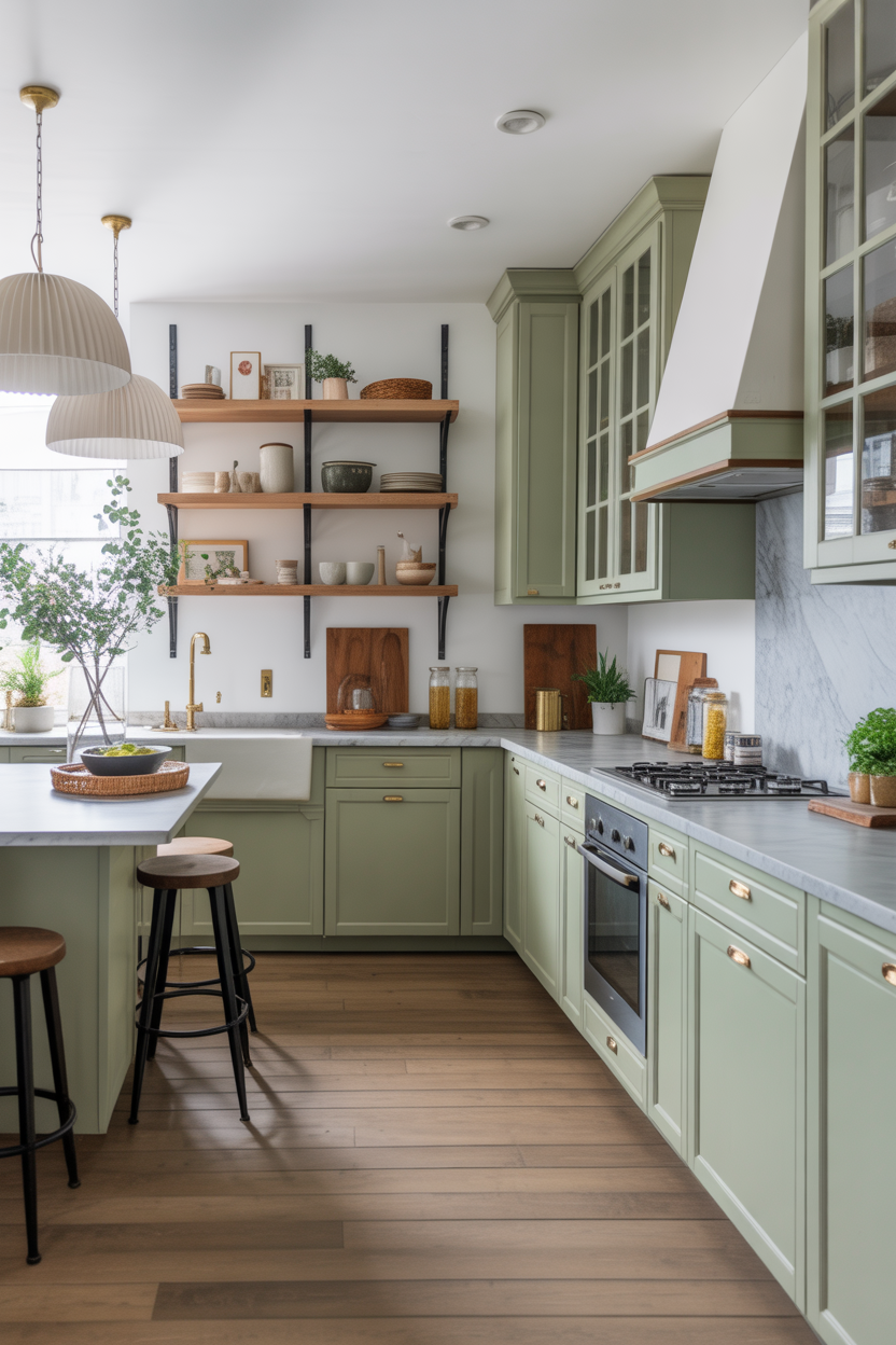 Soft sage cabinets in a French country kitchen