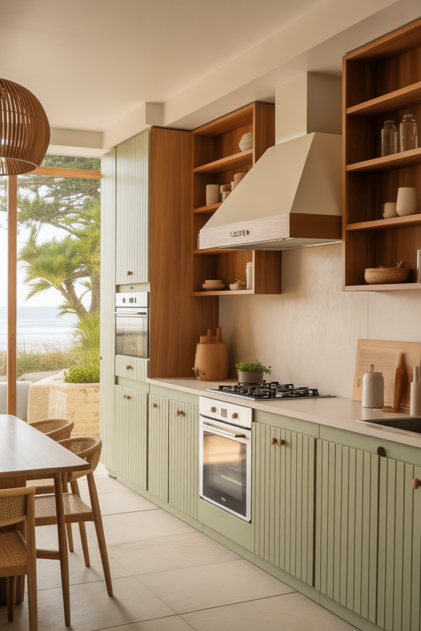 Sage green coastal kitchen cabinets with a natural, calm beach vibe
