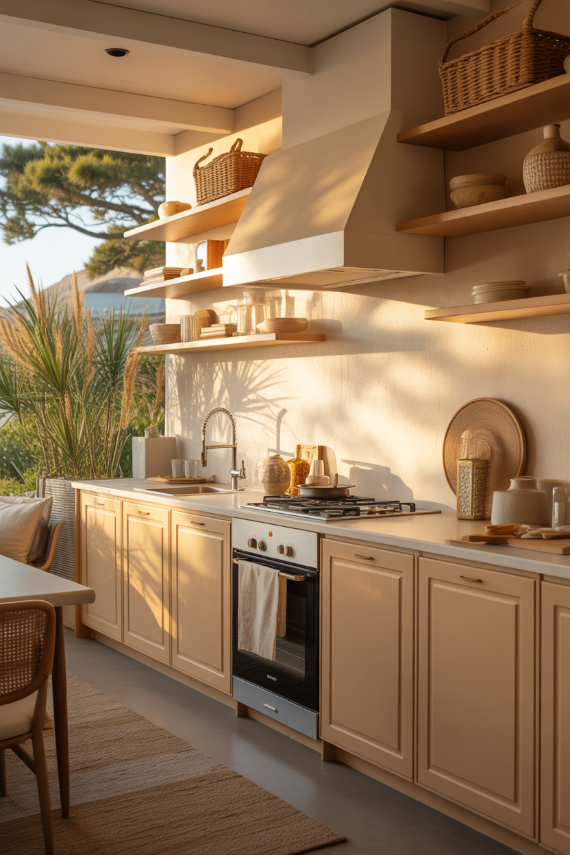 Sandy beige coastal kitchen cabinets with warm beach-inspired design