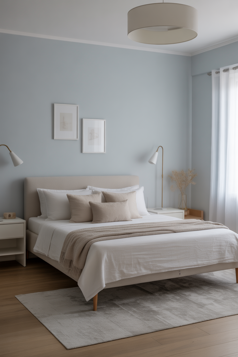 Ultra HD powder blue Scandinavian guest bedroom with minimalist furniture, cozy rugs, and ambient night-mode lighting for a peaceful aesthetic