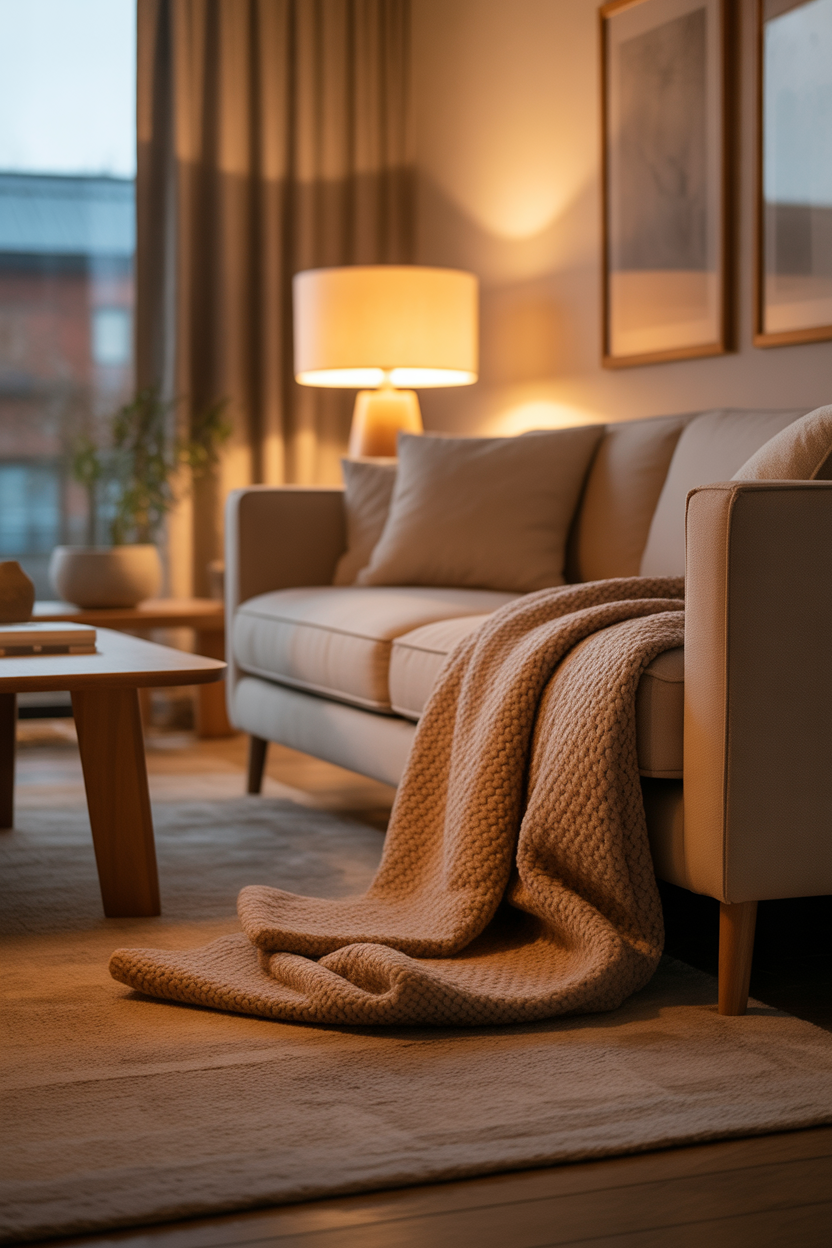 Nordic living room soft textures, rugs, blankets, cozy aesthetic