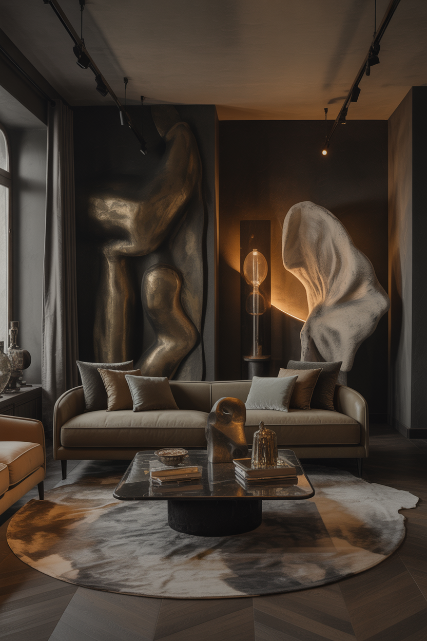 Moody maximalist living room ideas, sculptural decor, artistic luxury style