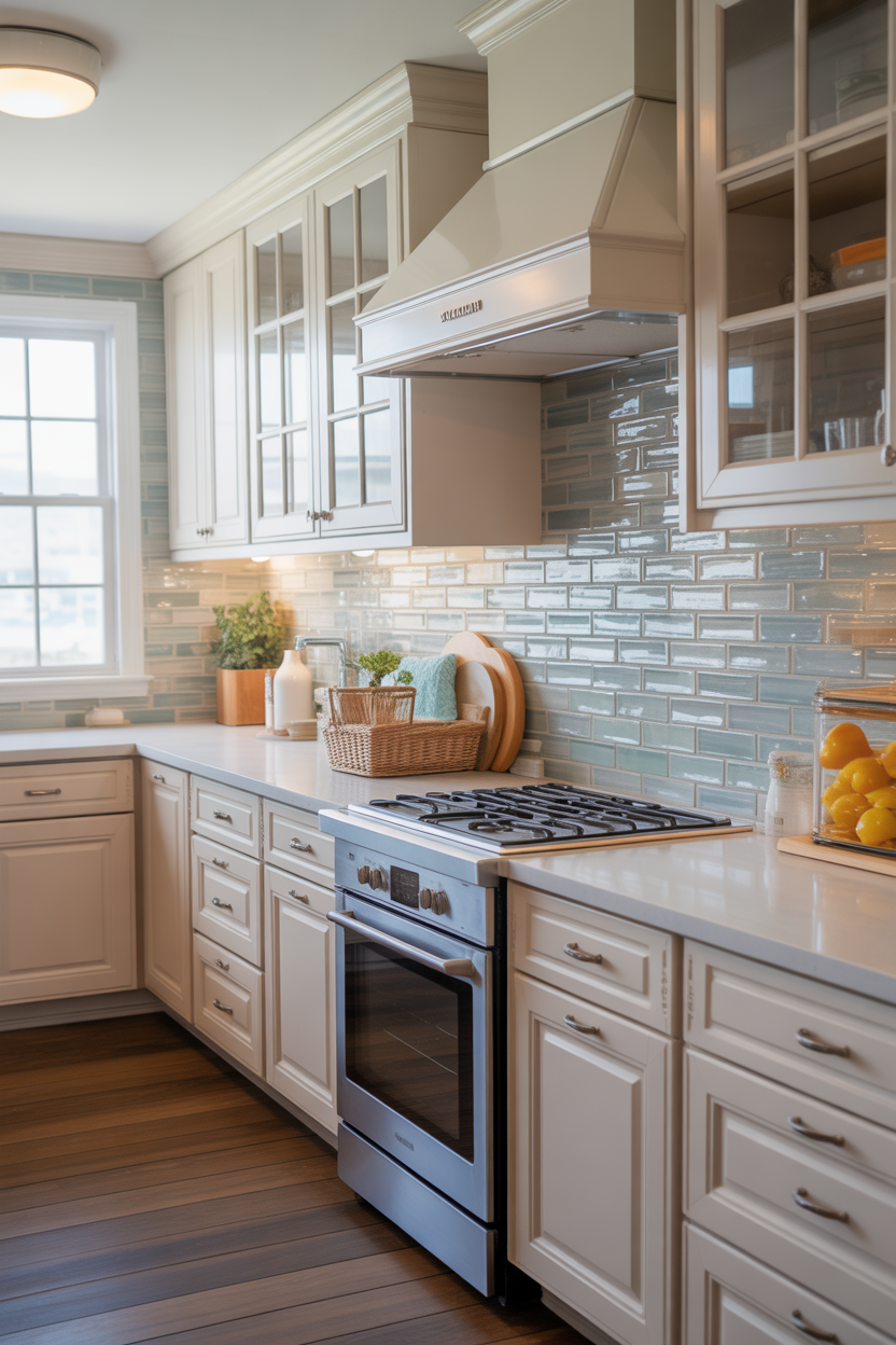 Coastal kitchen ideas featuring sea-inspired glass tile backsplash
