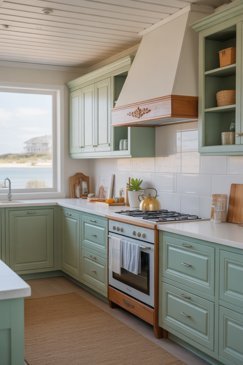 Seafoam green coastal kitchen cabinets with fresh ocean-inspired design