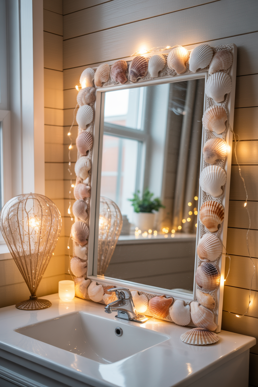seashell coastal bathroom mirror ideas with elegant lighting