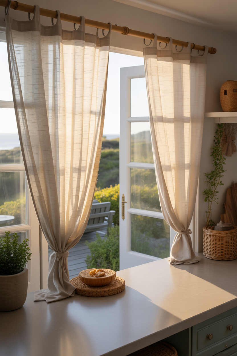 Coastal kitchen ideas with sheer white curtains and sunlight