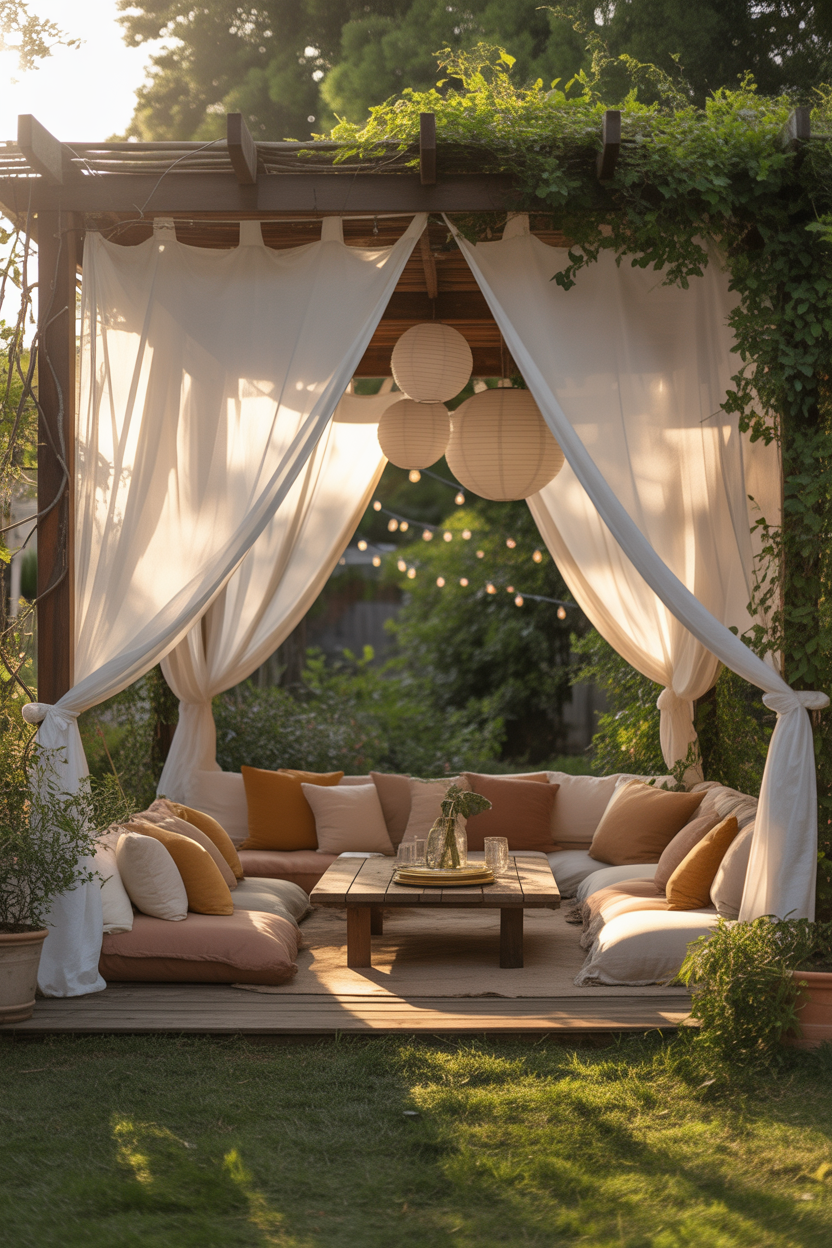 Sheer fabric pergola patio ideas, creating a private and relaxing outdoor space