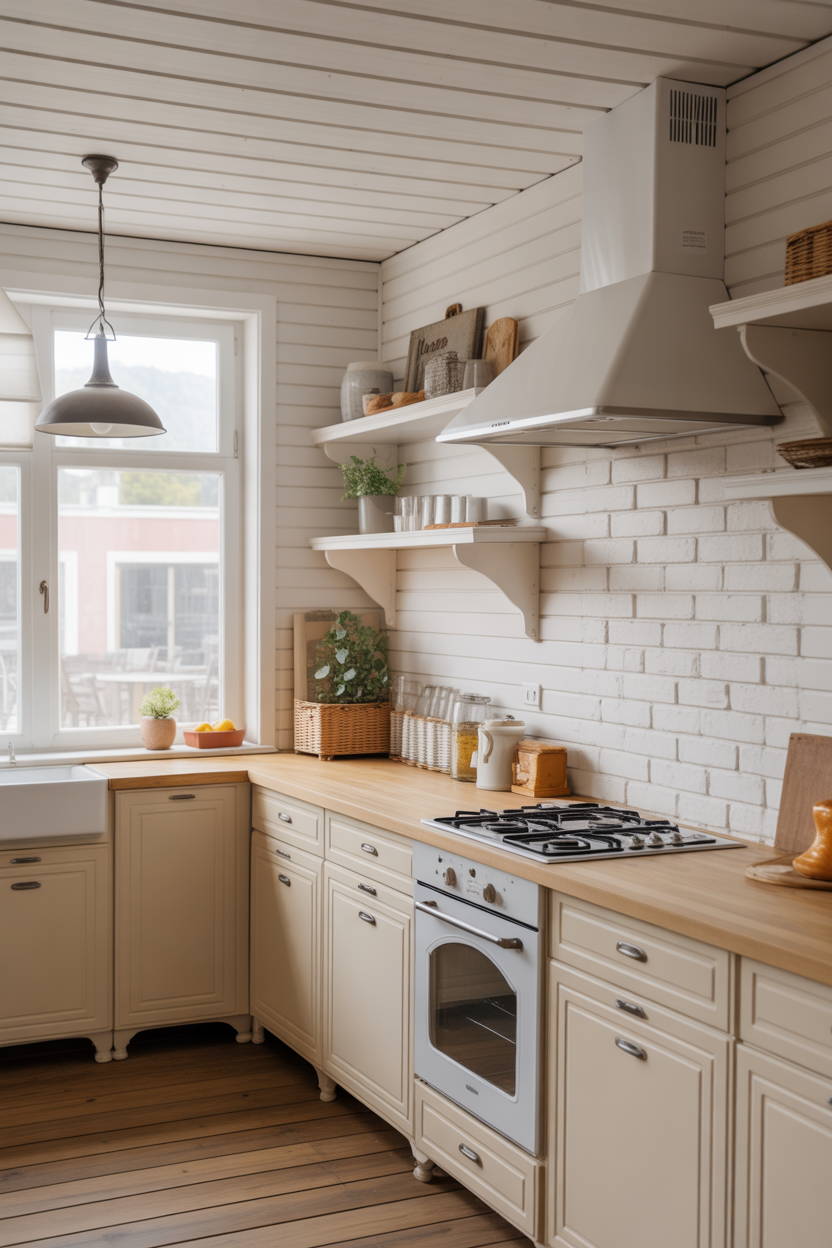 Coastal kitchen ideas with shiplap walls and natural wood accents