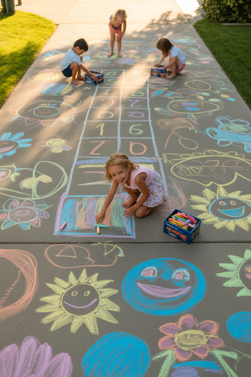 preschool summer sidewalk chalk activity, colorful outdoor fun