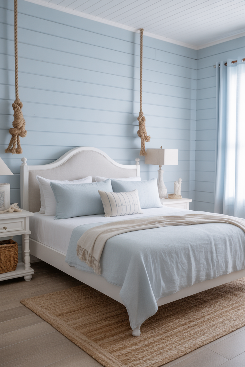 Ultra HD sky-blue guest bedroom with white furniture, nautical accents, airy, bright, cozy lighting, and coastal-inspired design.