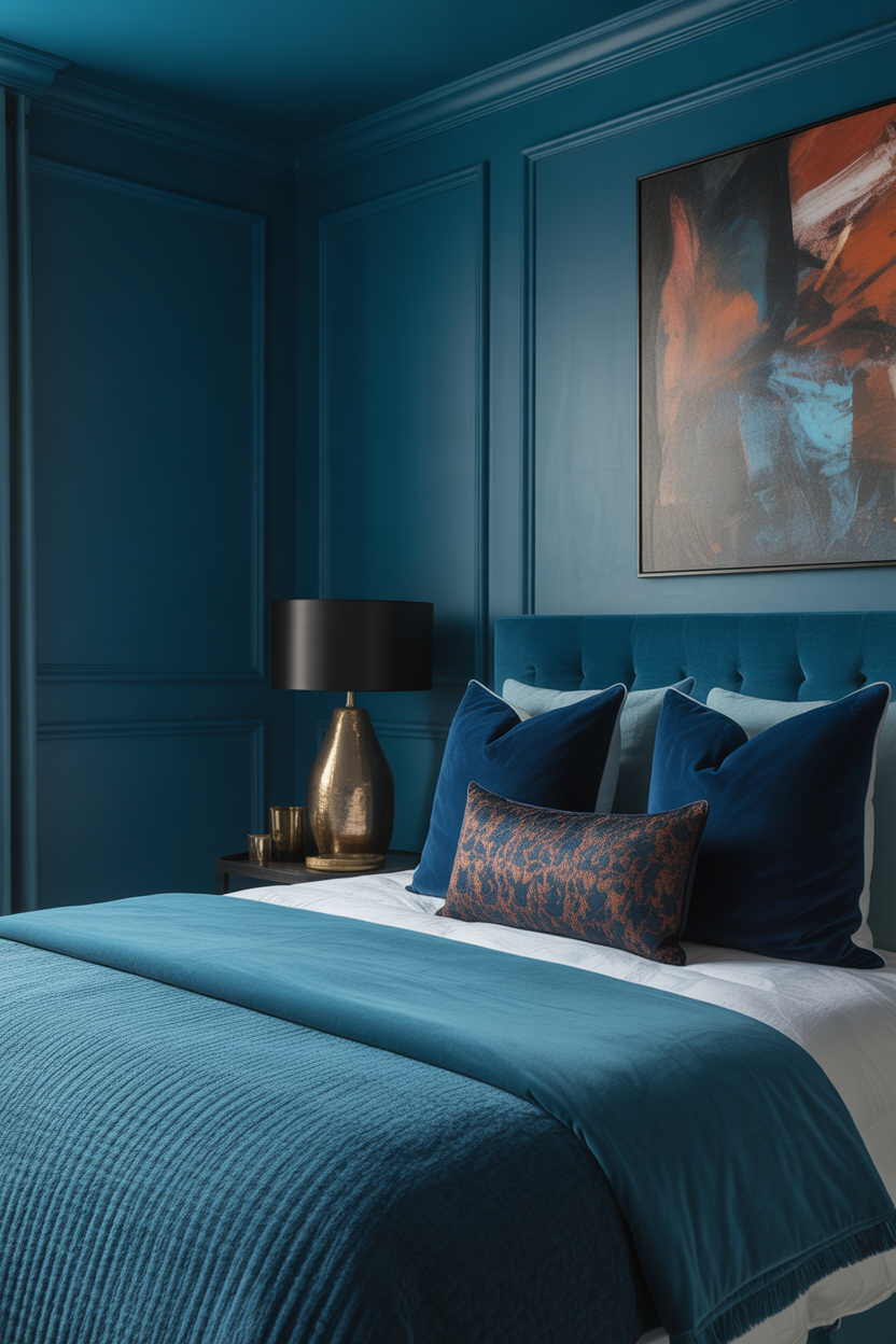 Ultra HD slate blue guest bedroom with jewel-toned pillows, layered velvet and silk textures, soft ambient lighting, and cozy dramatic aesthetic