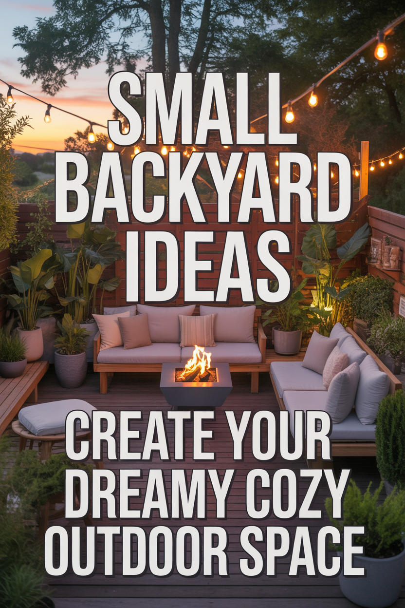 Cozy small backyard with fire pit, string lights, and plants