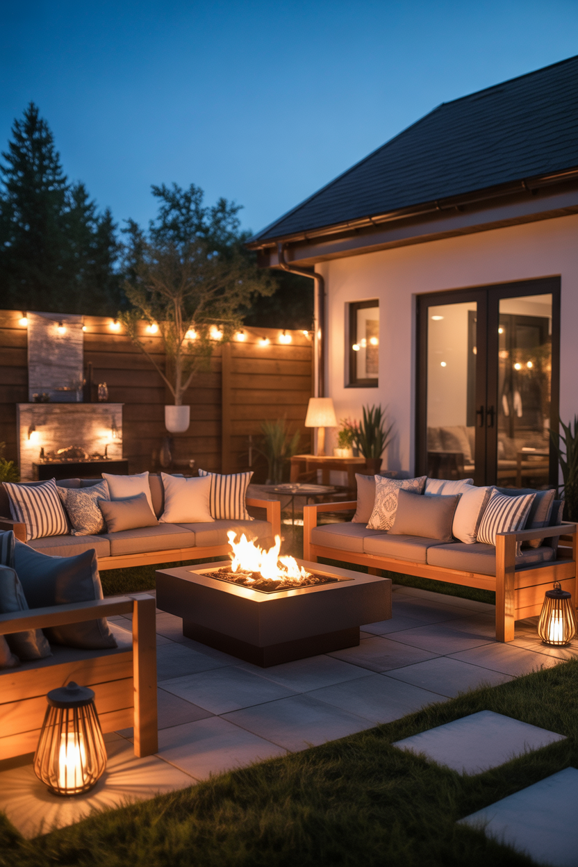 small backyard ideas with fire pit and cozy night seating