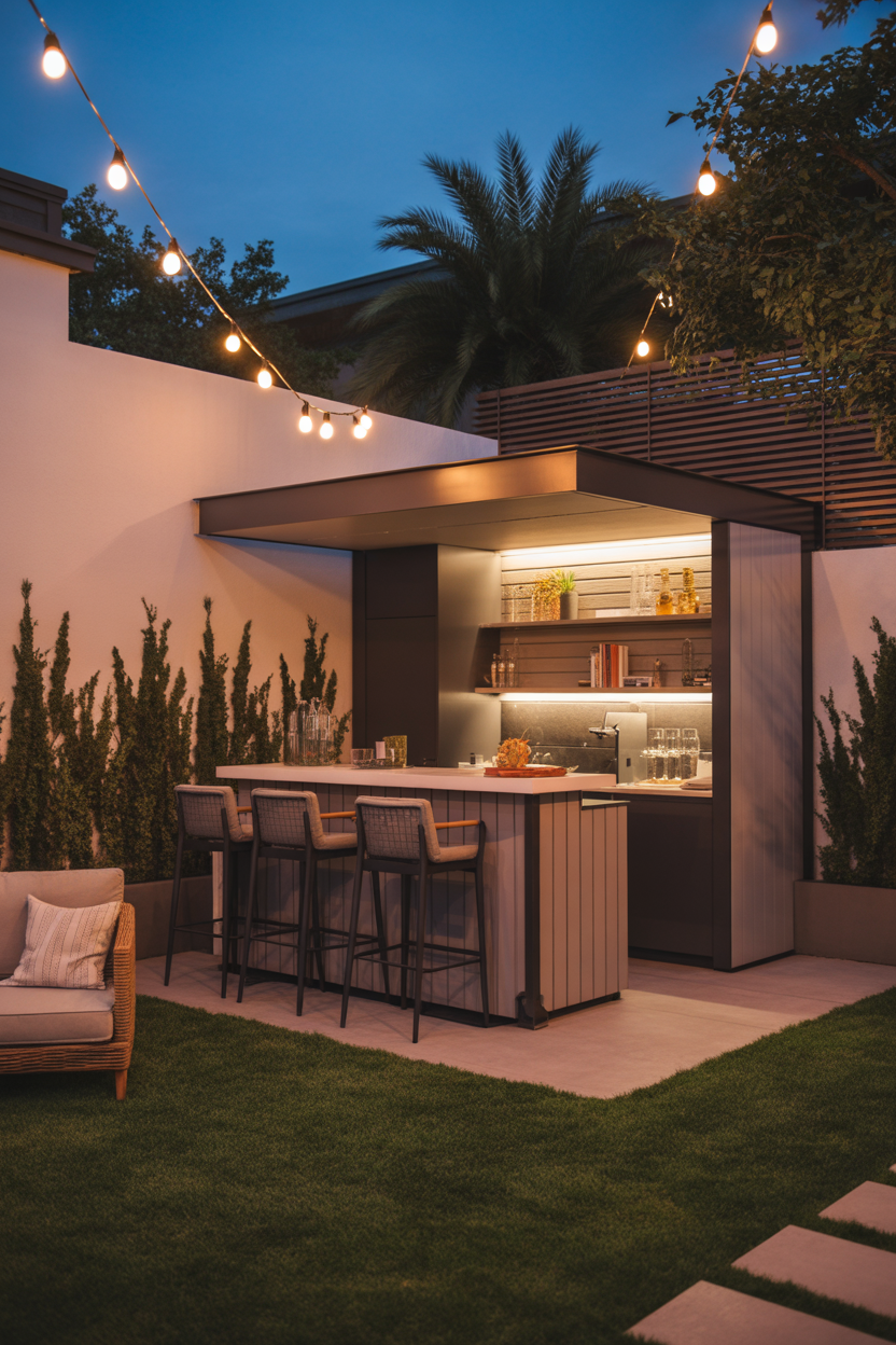 small backyard ideas with compact outdoor bar and cozy night vibe