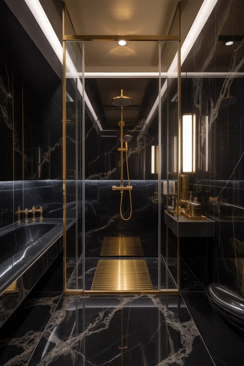 Small black and gold bathroom with large mirror white tiles and gold accents