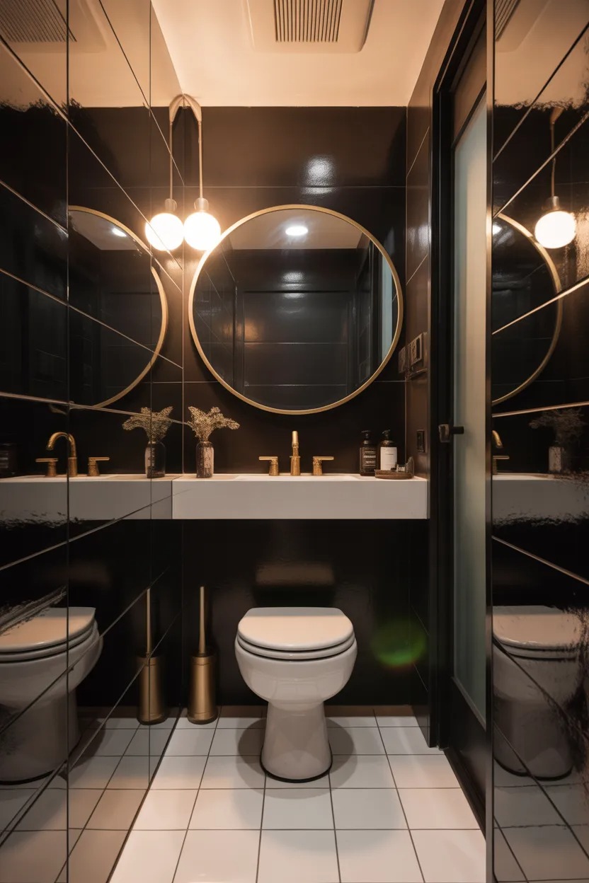 Small black and gold bathroom with oversized mirror, white floor tiles, and gold fixtures that look larger and more luxurious