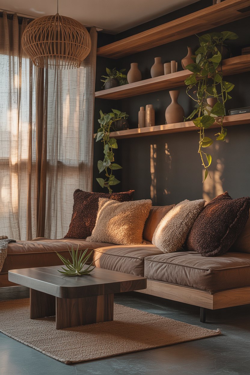 Bright and airy boho tiny house living room with layered rugs, plants, and compact furniture for a stylish small space
