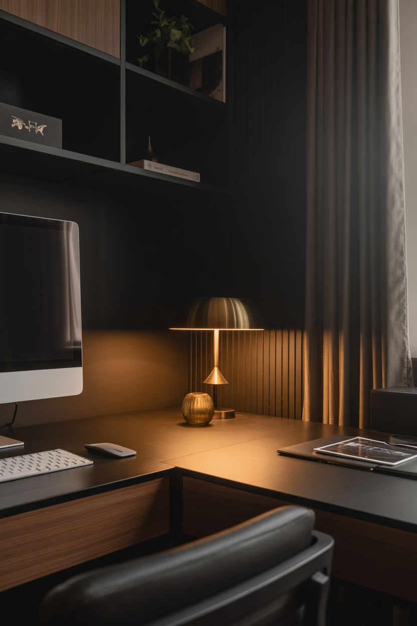small home office corner with desk and cozy lighting