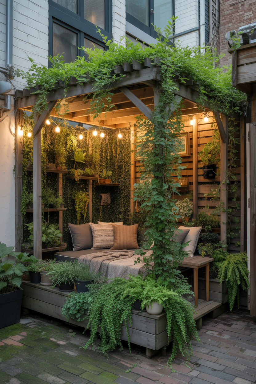 small pergola patio ideas with hanging planters and compact cozy seating