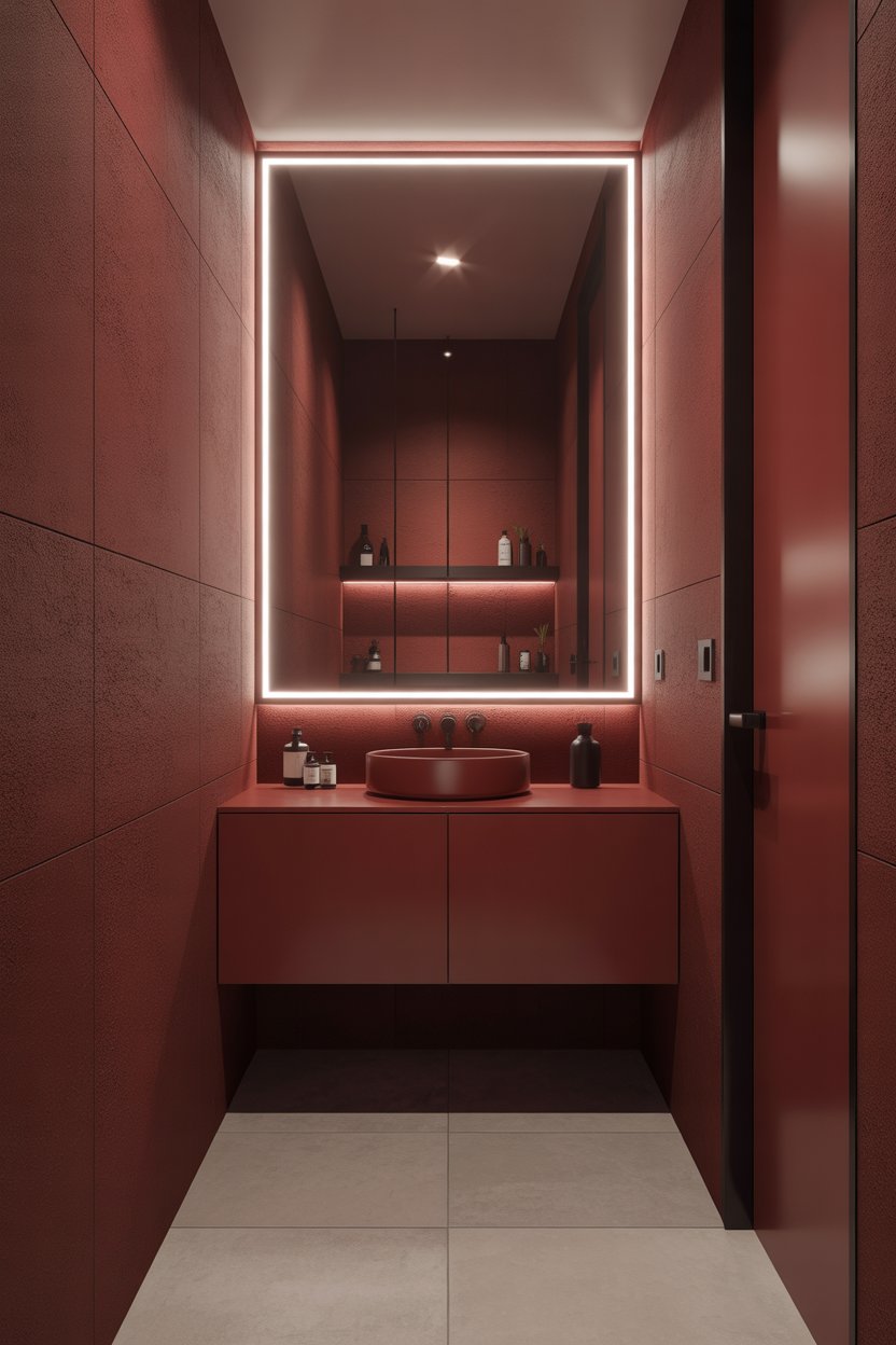 Small red bathroom with accent wall, white tiles, and gold mirror for a cozy, stylish look