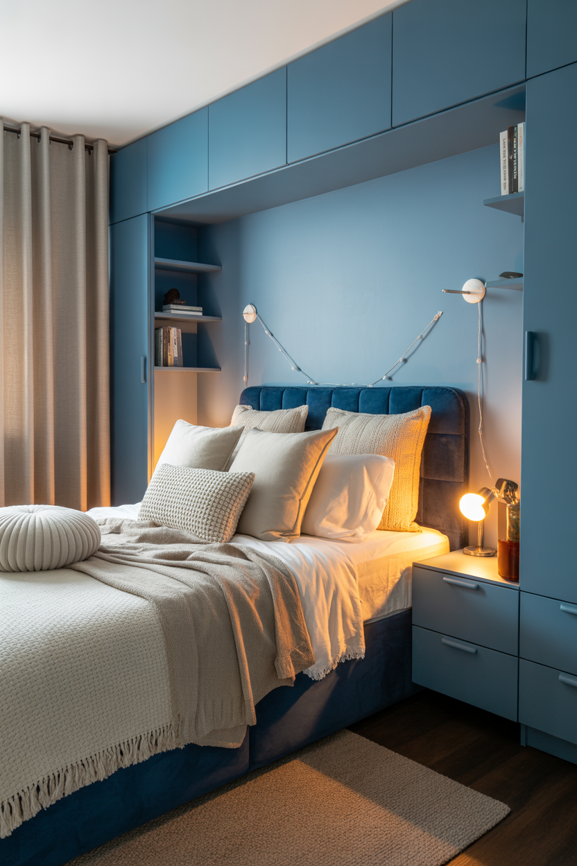 Ultra HD small blue guest bedroom with smart furniture layout, layered cozy textiles, night-mode lighting, and small space cozy aesthetic